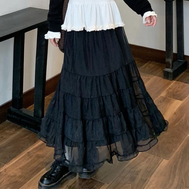 Plain Knit Top with Long Sleeves and Crop Sweater and High-Waist Maxi A-Line Skirt