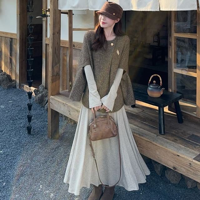 Cape-Sleeve Plain Top and High-Waist Maxi A-Line Skirt in Various Designs