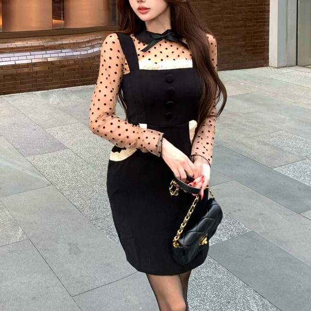 Long-Sleeve Round Neck Dotted Top / Spaghetti Strap Plain Mini Bodycon Dress