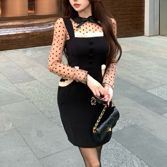Long-Sleeve Round Neck Dotted Top / Spaghetti Strap Plain Mini Bodycon Dress