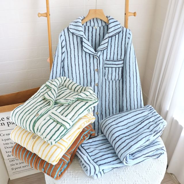 Couple Matching Pajama Set: Long-Sleeve Lapel Collar Striped Fleece Button Top + Pants (Various Designs)