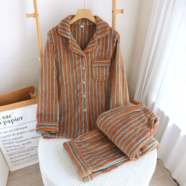 Couple Matching Pajama Set: Long-Sleeve Lapel Collar Striped Fleece Button Top + Pants (Various Designs)