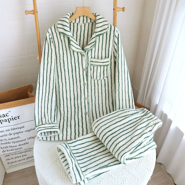 Couple Matching Pajama Set: Long-Sleeve Lapel Collar Striped Fleece Button Top + Pants (Various Designs)