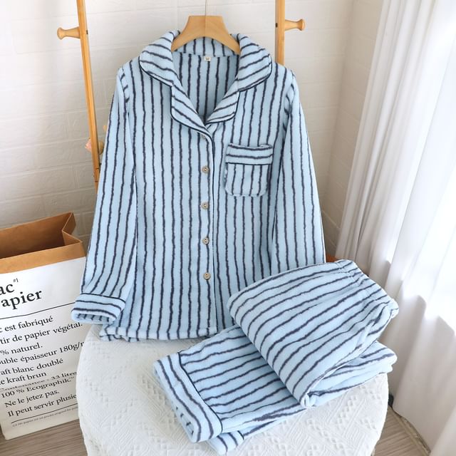 Couple Matching Pajama Set: Long-Sleeve Lapel Collar Striped Fleece Button Top + Pants (Various Designs)