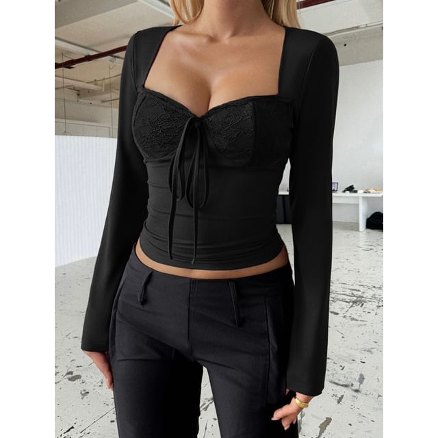 Slim-Fit Crop Top with Square Neck, Lace Panel, Tie-Front, and Long Sleeves