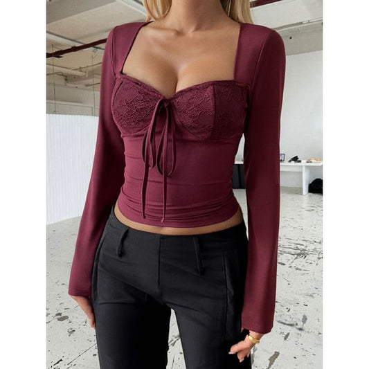 Slim-Fit Crop Top with Square Neck, Lace Panel, Tie-Front, and Long Sleeves