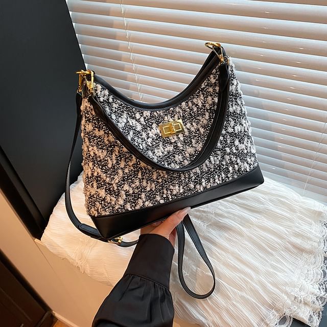 Buckled Panel Tweed Crossbody Shoulder Bag