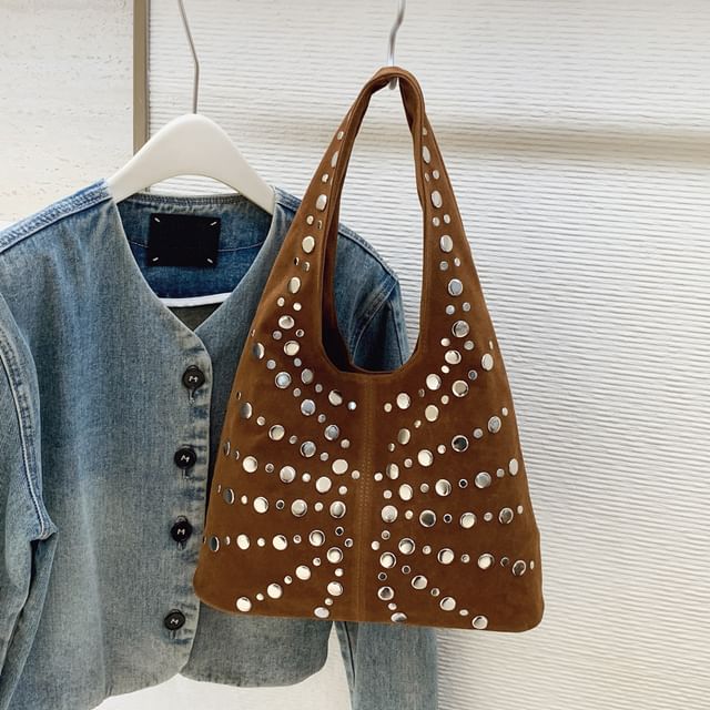 Studded Faux Suede Shoulder Bag