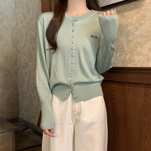 Crewneck Button-Up Plain Cardigan