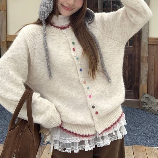 Crewneck Contrast Button Cardigan