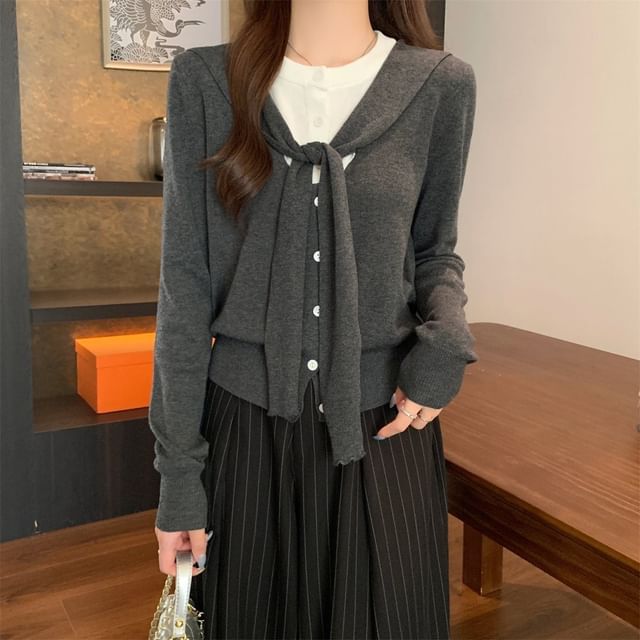 Mock Two-Piece V-Neck Plain Cardigan