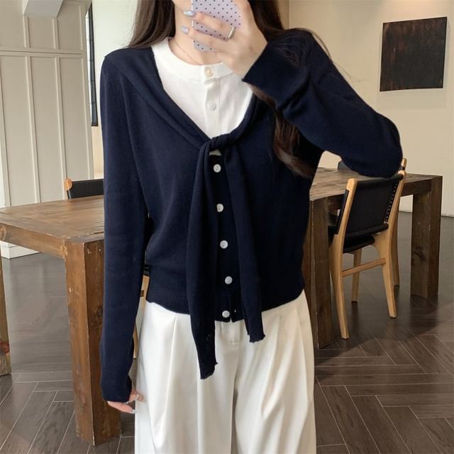 Mock Two-Piece V-Neck Plain Cardigan