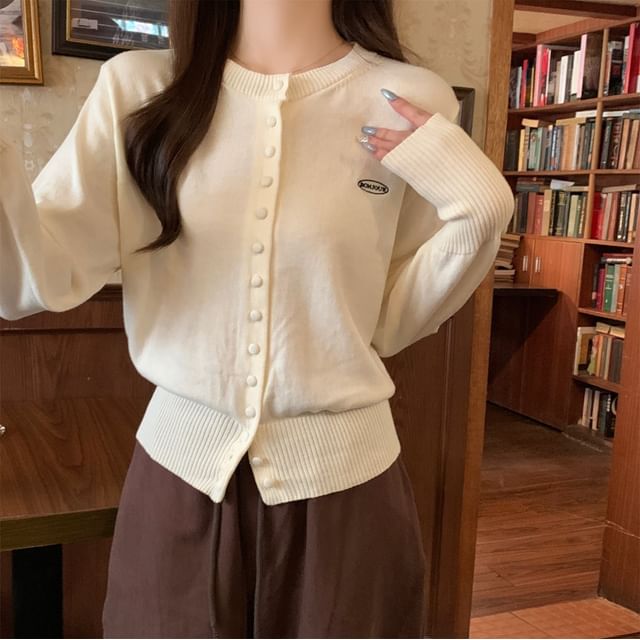 Crewneck Button-Up Plain Cardigan