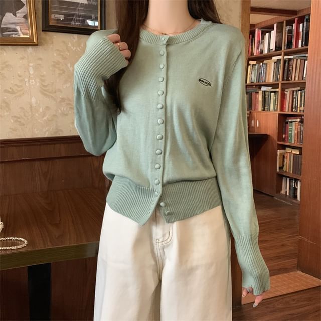 Crewneck Button-Up Plain Cardigan