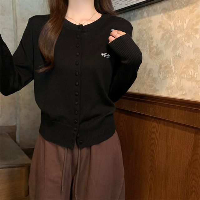 Crewneck Button-Up Plain Cardigan