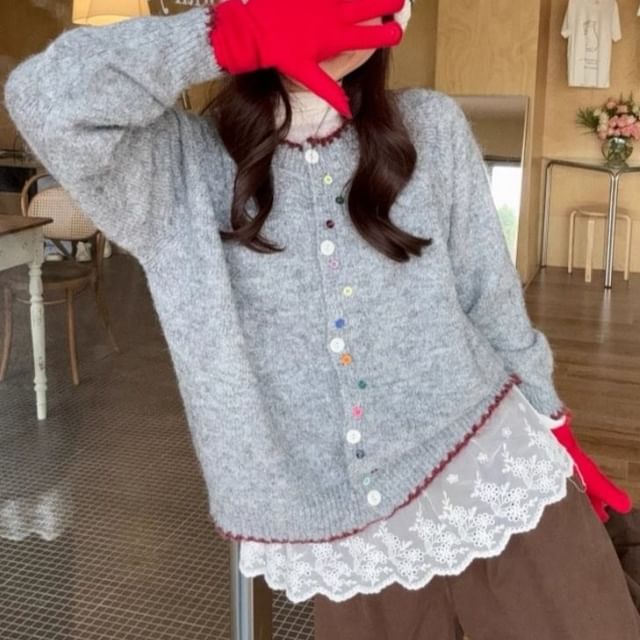 Crewneck Contrast Button Cardigan