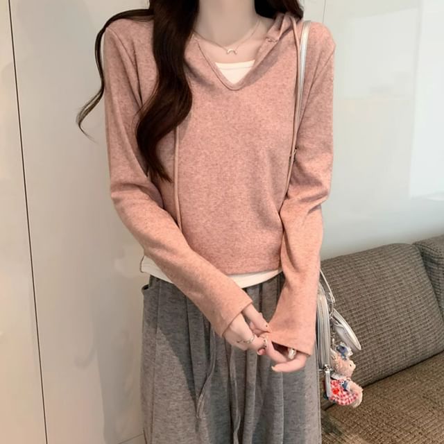 Mock Two-Piece Hood Top with Long Sleeves