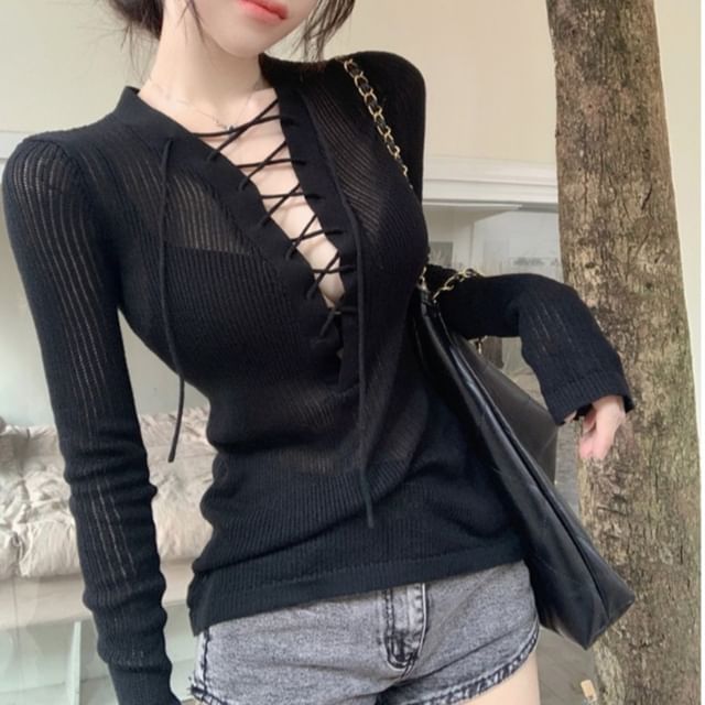Ribbed Knit Top with Lace-Up V-Neck and Extended Sleeves
