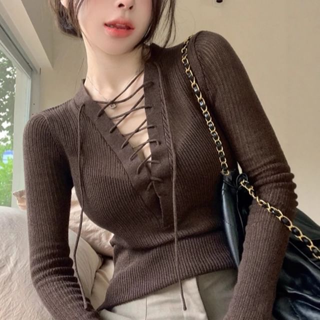 Ribbed Knit Top with Lace-Up V-Neck and Extended Sleeves
