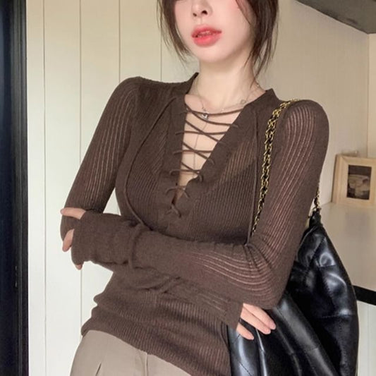 Ribbed Knit Top with Lace-Up V-Neck and Extended Sleeves
