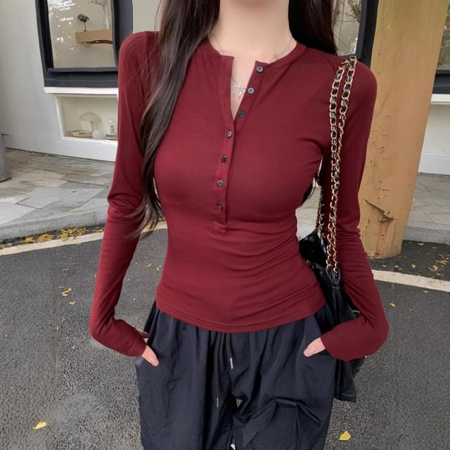 Classic Henley Tee with Long Sleeves and Solid Color Design