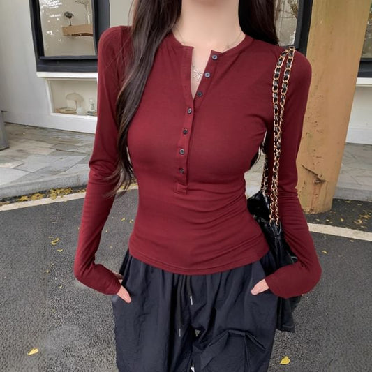 Classic Henley Tee with Long Sleeves and Solid Color Design