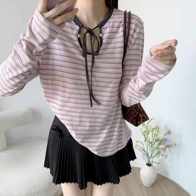 Striped Keyhole Tee with Tie Neck and Long Sleeves