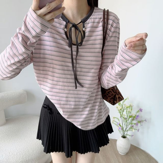Striped Keyhole Tee with Tie Neck and Long Sleeves