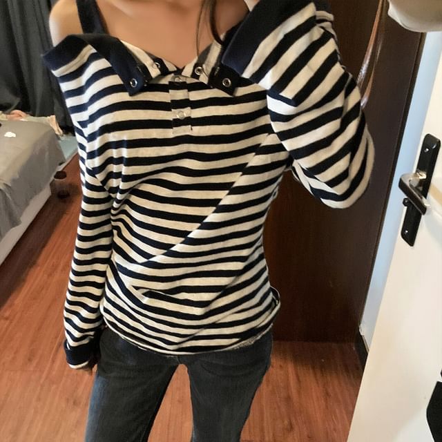 Striped Cold-Shoulder Top with Long Sleeves
