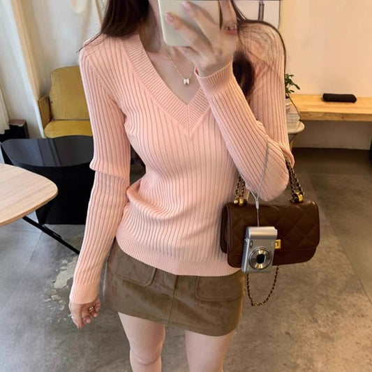 Plain Ribbed Knit V-Neck Long Sleeve Top