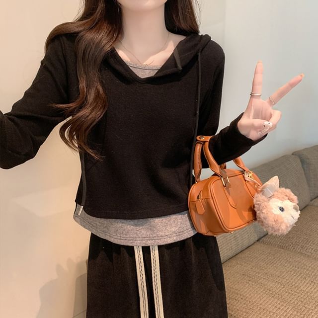 Mock Two-Piece Hood Top with Long Sleeves