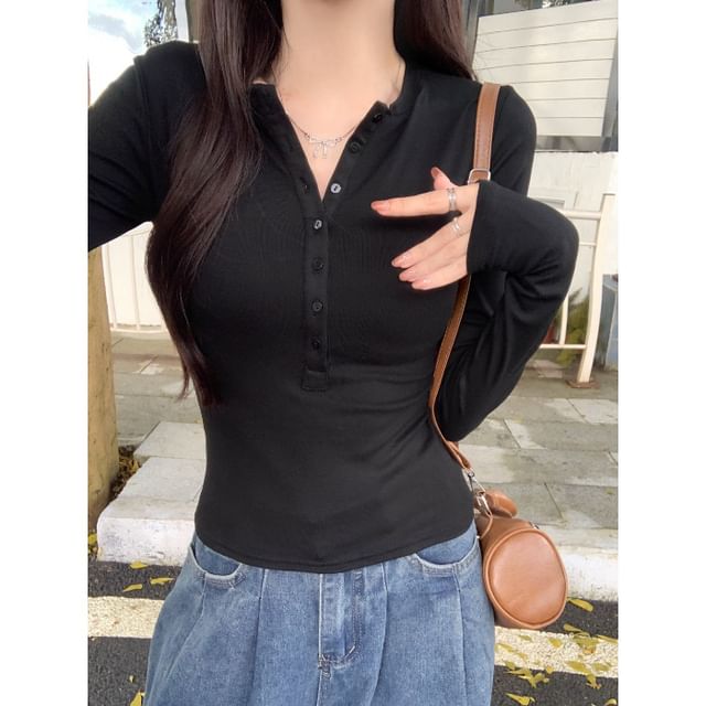 Classic Henley Tee with Long Sleeves and Solid Color Design