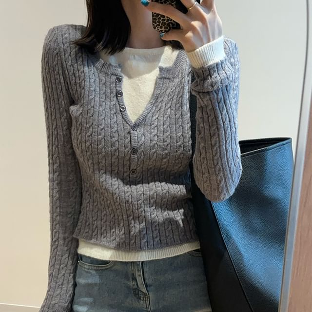 Cable-Knit Sweater with Round Neck Mock Two-Piece and Button Details