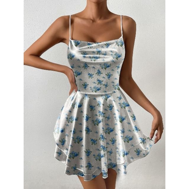 Spaghetti Strap Cowl Neck Layered Open Back Satin Mini A-Line Dress