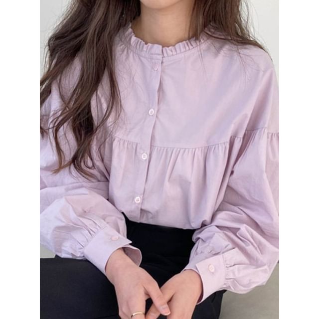 Button-Up Plain Blouse with Round Neck and Frill Trim Long Sleeves