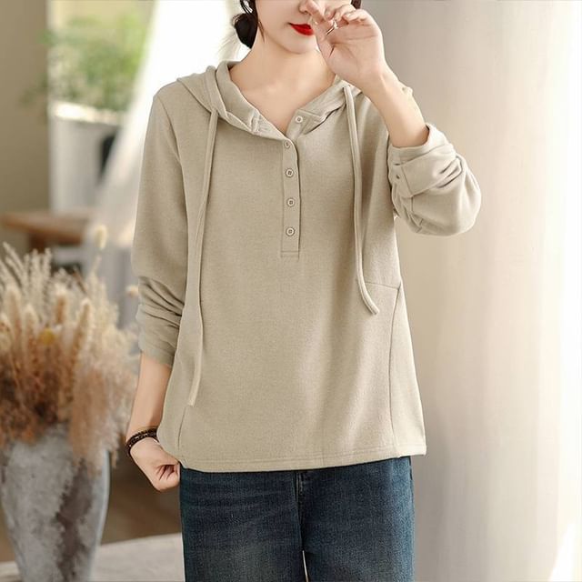 Solid Hoodie with Drawstring and Half-Buttoned Front Closure