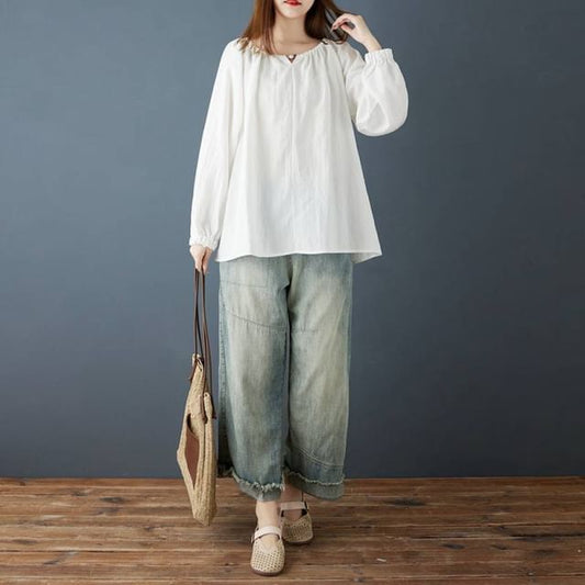 Oversized Beaded Plain Blouse with Round Neck and Long Sleeves
