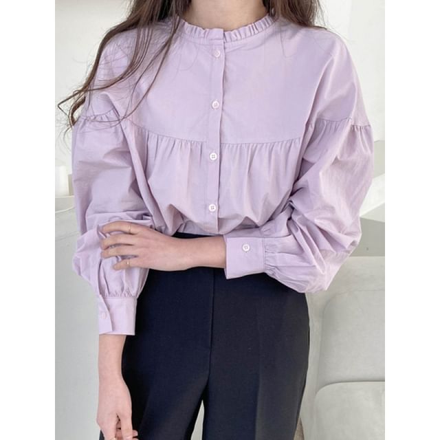 Button-Up Plain Blouse with Round Neck and Frill Trim Long Sleeves