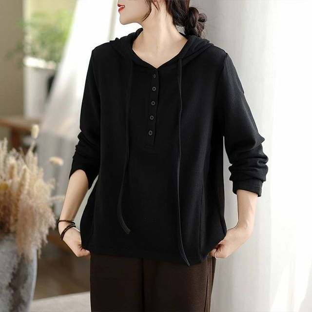 Solid Hoodie with Drawstring and Half-Buttoned Front Closure