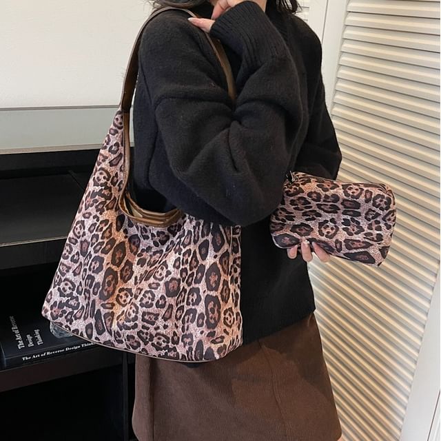 Leopard Print Faux Suede Shoulder Bag with Pouch