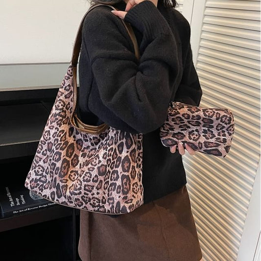 Leopard Print Faux Suede Shoulder Bag with Pouch