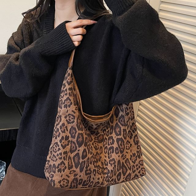 Leopard Print Faux Suede Shoulder Bag with Pouch