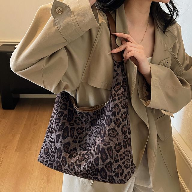 Leopard Print Faux Suede Shoulder Bag with Pouch