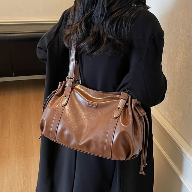 Drawstring Faux Leather Shoulder Bag