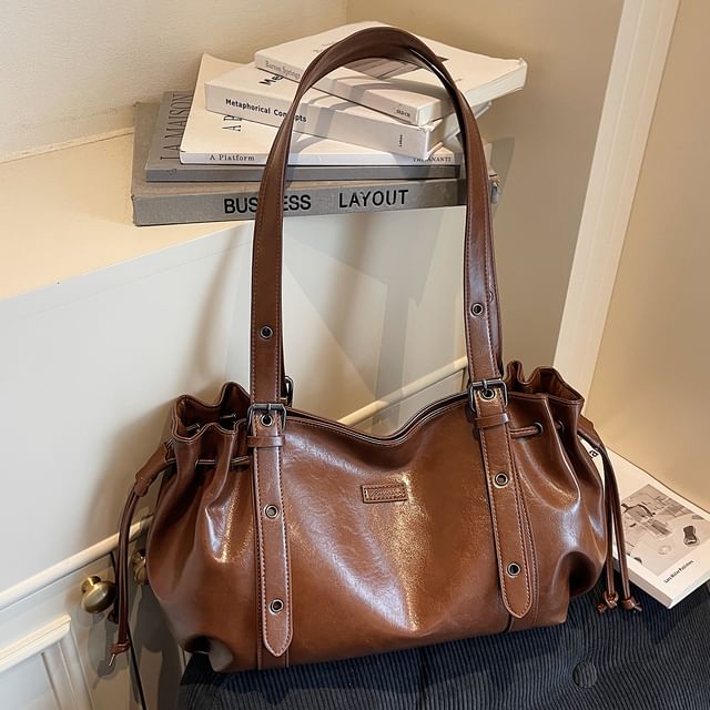 Drawstring Faux Leather Shoulder Bag
