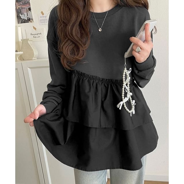 Ruffle-Trim Panel Pullover with Crew Neck