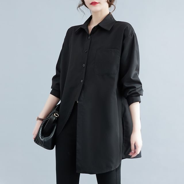 Tunic Shirt with Pocket Detail and Long Sleeves in Plain Design