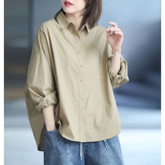 Oversized Shirt with Pocket Accent and Long Sleeves in Solid Hue
