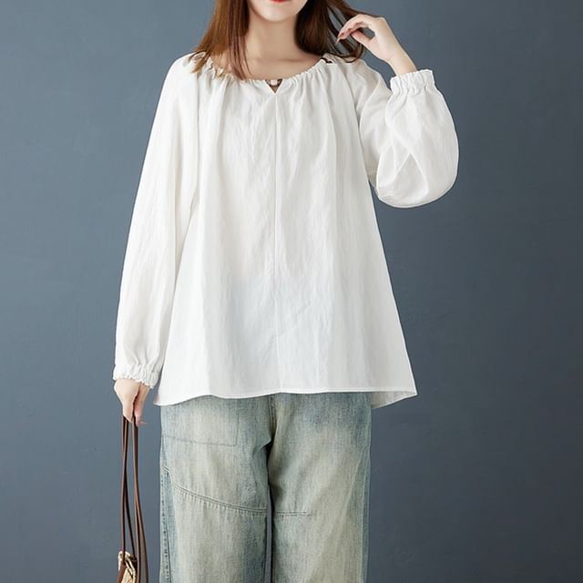 Plain Blouse with Round Neck and Long Sleeves