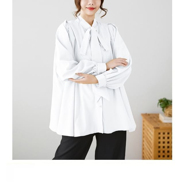 Tie-Neck Plain Blouse with Long Sleeves
